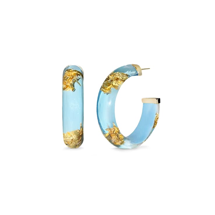 14K Yellow Gold Over Sterling Silver Small Gold Leaf Acrylic Hoops in
Sky Blue