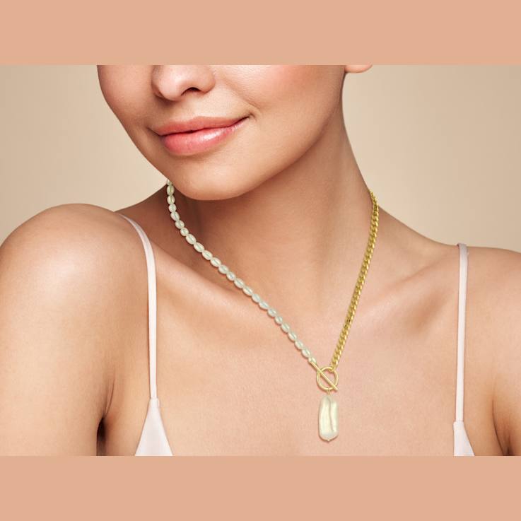 Cultured Freshwater Pearl Curb Chain Necklace in 14k Gold Over Silver