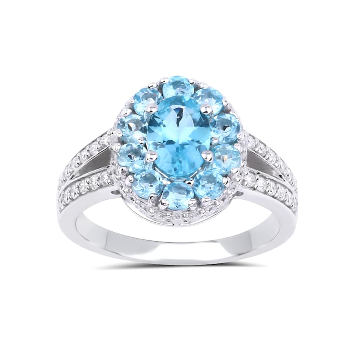 Paraiba Blue Apatite with Moissanite Accents Rhodium Over Sterling
Silver Halo Ring Blue Jewelry
