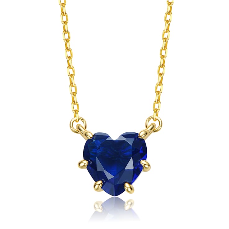Sapphire Color CZ Heart-Shape Solitaire Necklace In 14K Gold Over Brass