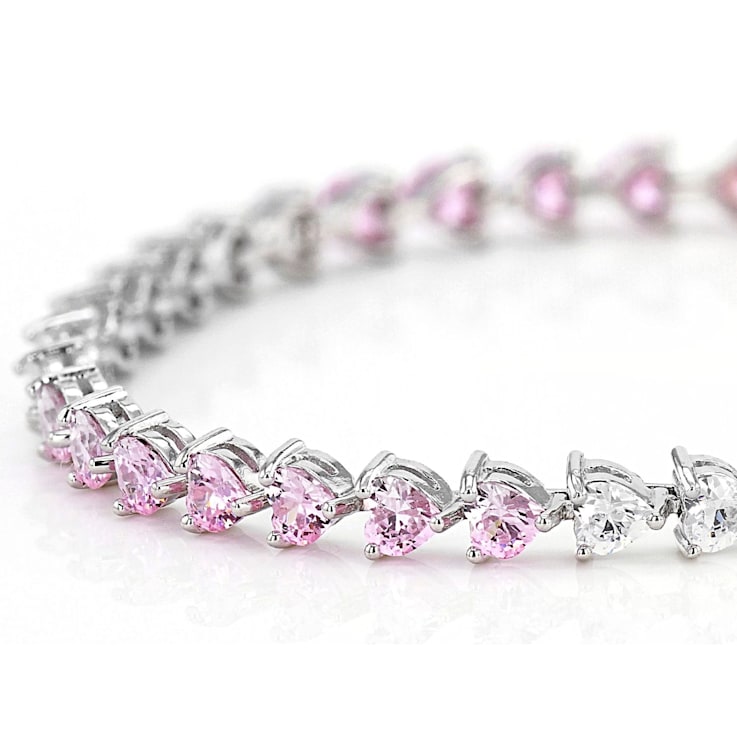 Pink And White Cubic Zirconia Rhodium Over Sterling Silver Heart Tennis
Bracelet 14.39ctw
