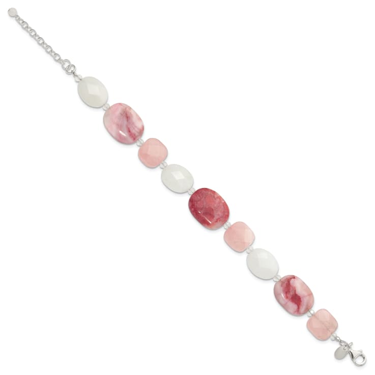 Sterling Silver Pink Agate/Quartz/Jade/Crystal with 1-inch Extension Bracelet