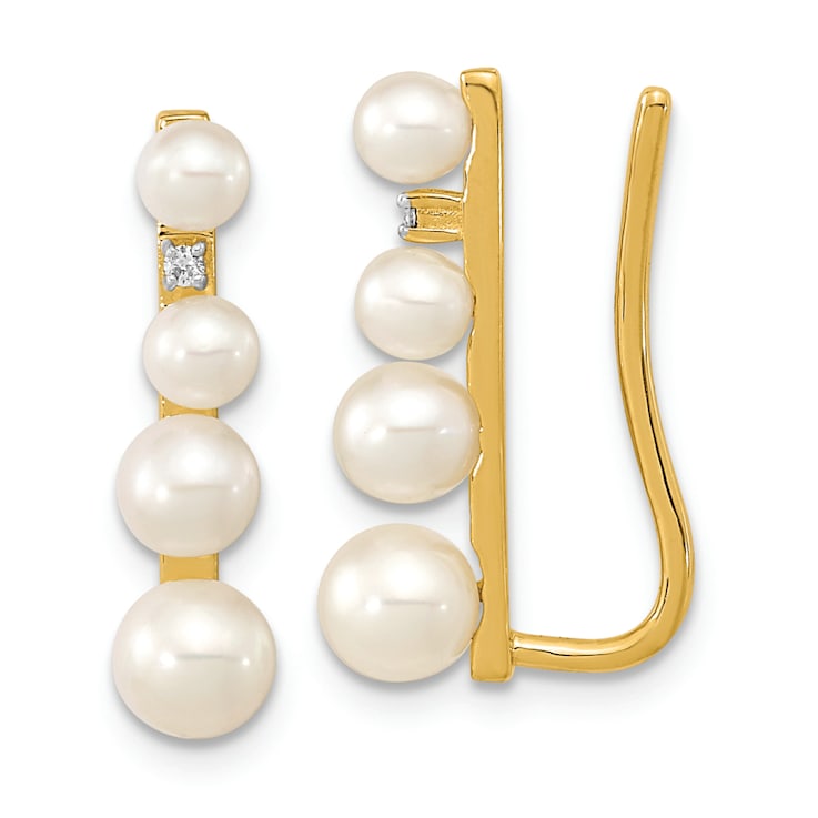 14K Yellow Gold 3-5mm Freshwater Cultured Pearl .016ct Diamond Ear
Climber Earrings