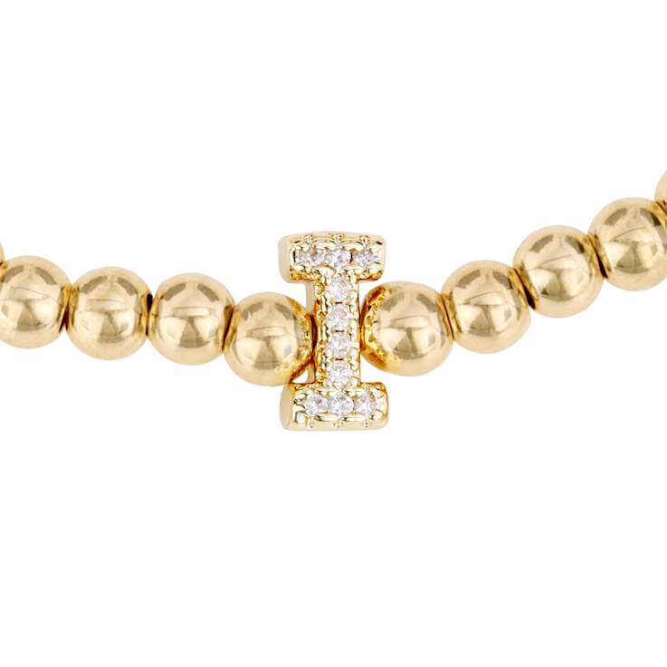 Initial I CZ Beaded Bracelet Set In 14K Gold Over Brass 0.10ctw