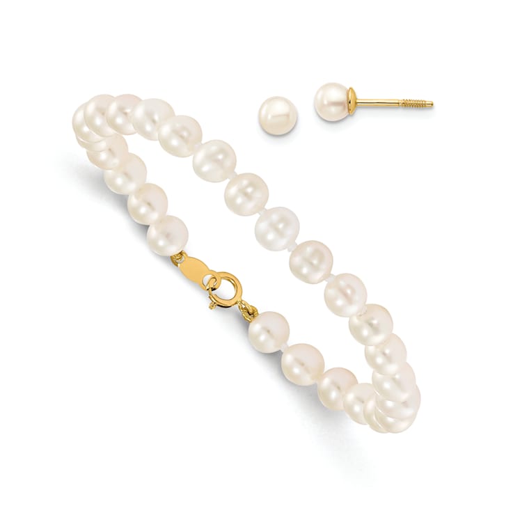14K Yellow Gold 4-5mm White Freshwater Cultured Pearl Bracelet and
Earring Set