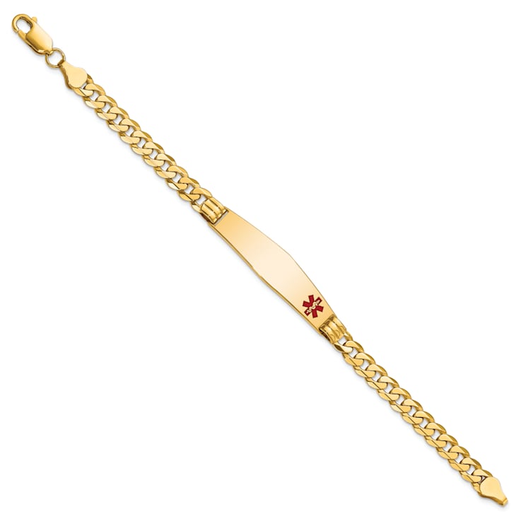 14k Yellow Gold Medical Soft Diamond Shape Red Enamel Curb Link ID Bracelet