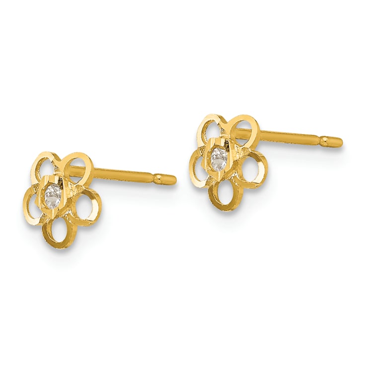 14K Yellow Gold Cubic Zirconia Diamond-cut Children's Flower Post Earrings