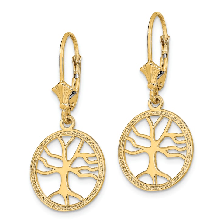 14k Yellow Gold Textured Tree of Life In Round Frame Dangle Earrings