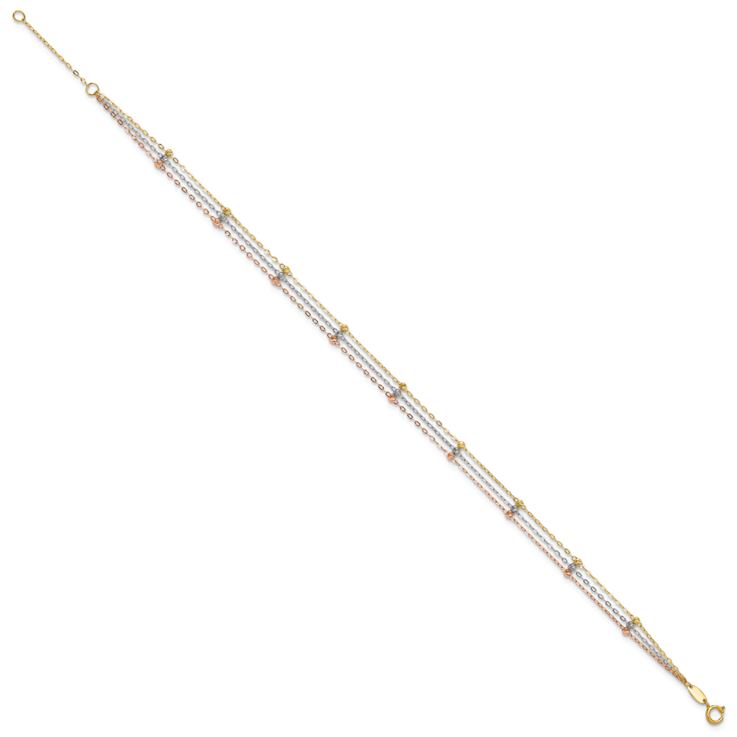 10k Yellow Gold, 10k White Gold and 10k Rose Gold 3-Strand Diamond-Cut
Beaded Cable Link Anklet