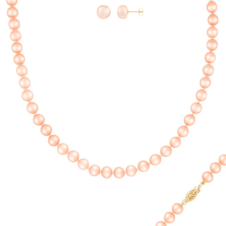 7-7.5mm Pink Cultured Freshwater Pearl 14k Yellow Gold Jewelry Set