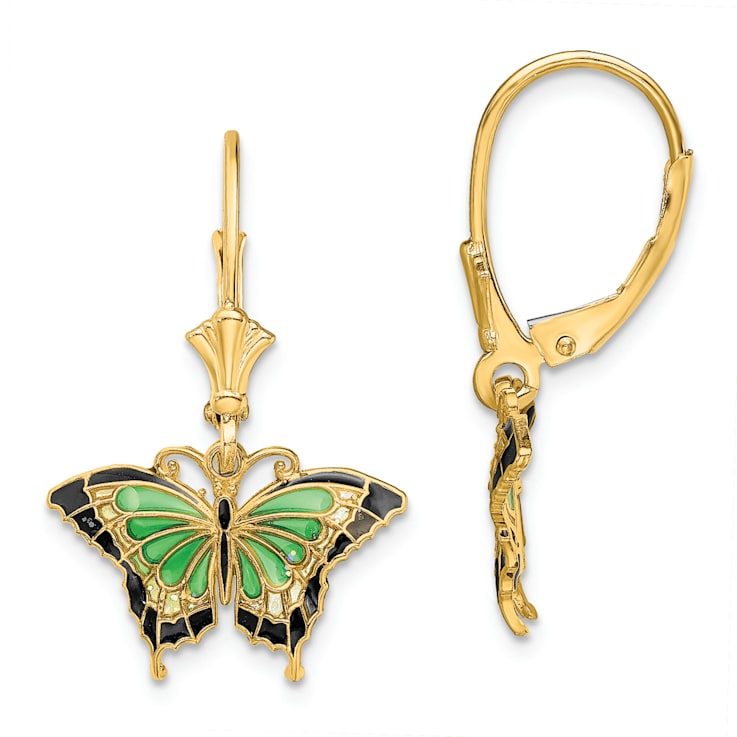 14k Yellow Gold Butterfly with Green and Black Enameled Wings Dangle Earrings