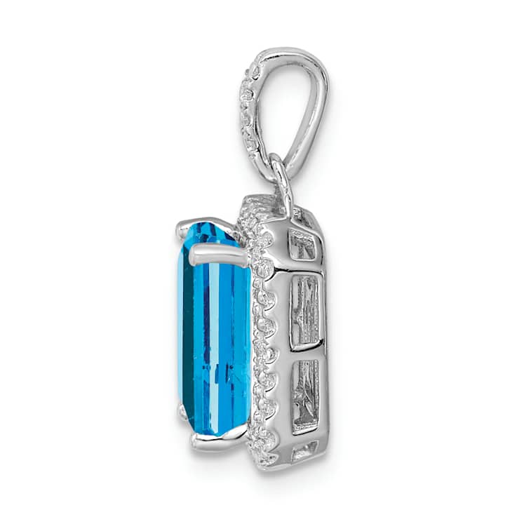 Rhodium Over 10k White Gold 5.07 cttw Emerald-cut Swiss Blue Topaz and
Diamond Halo Pendant