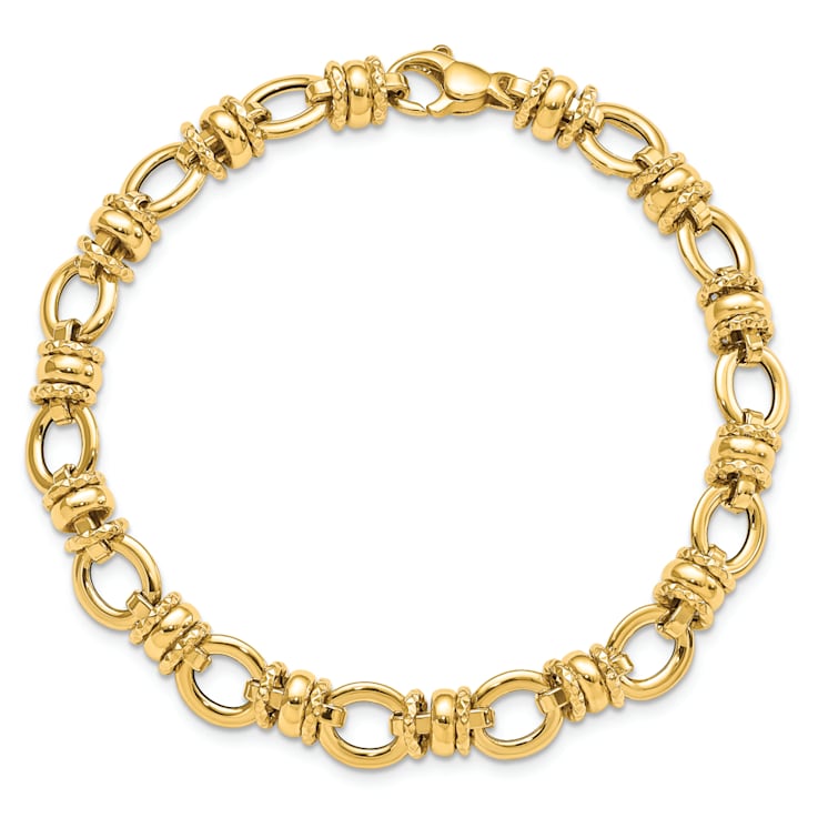 14k Yellow Gold 8mm Polished and Textured Fancy Link Bracelet