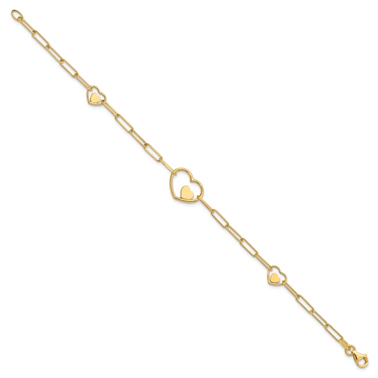 14K Yellow Gold Paperclip Link Heart 7.25-inch Bracelet