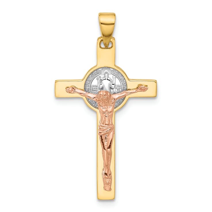 14k Tri-color Gold Crucifix and Saint Benedict Pendant
