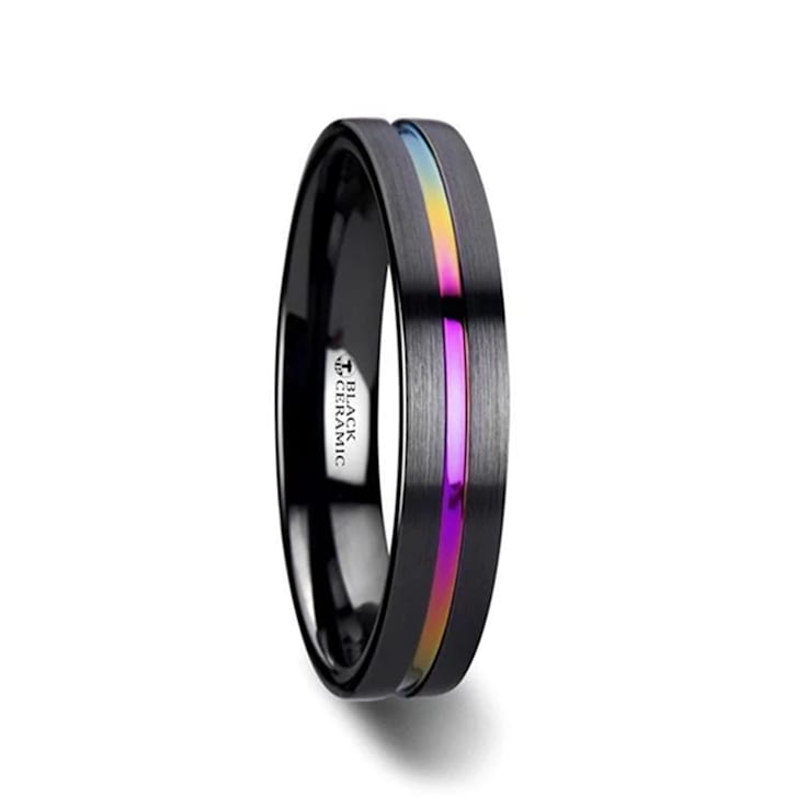AZURE Flat Black Ceramic Ring Brushed with Rainbow Groove 4mm