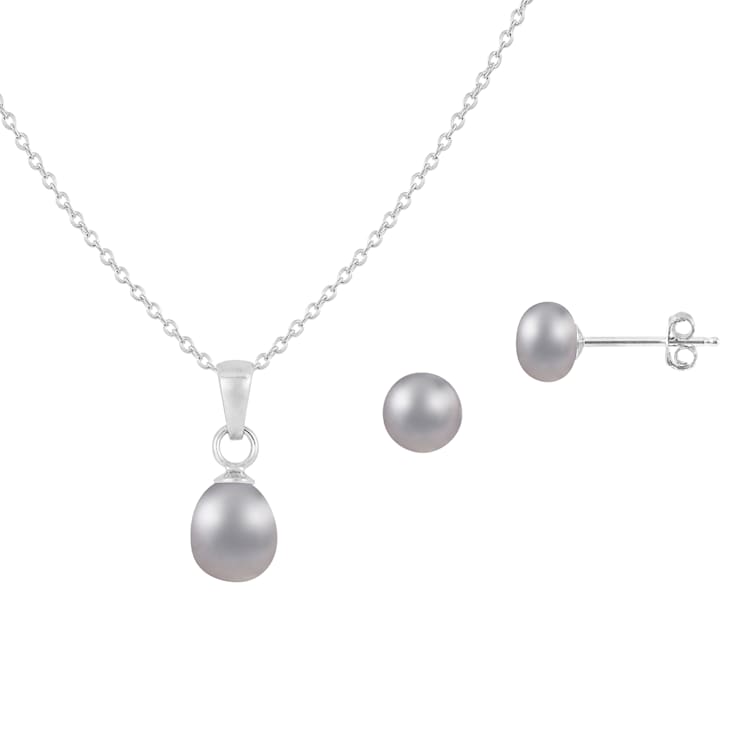 6.5-7mm Button/Drop Gray Freshwater Pearl Rhodium Over Sterling Earring
and Pendant W/Chain Set