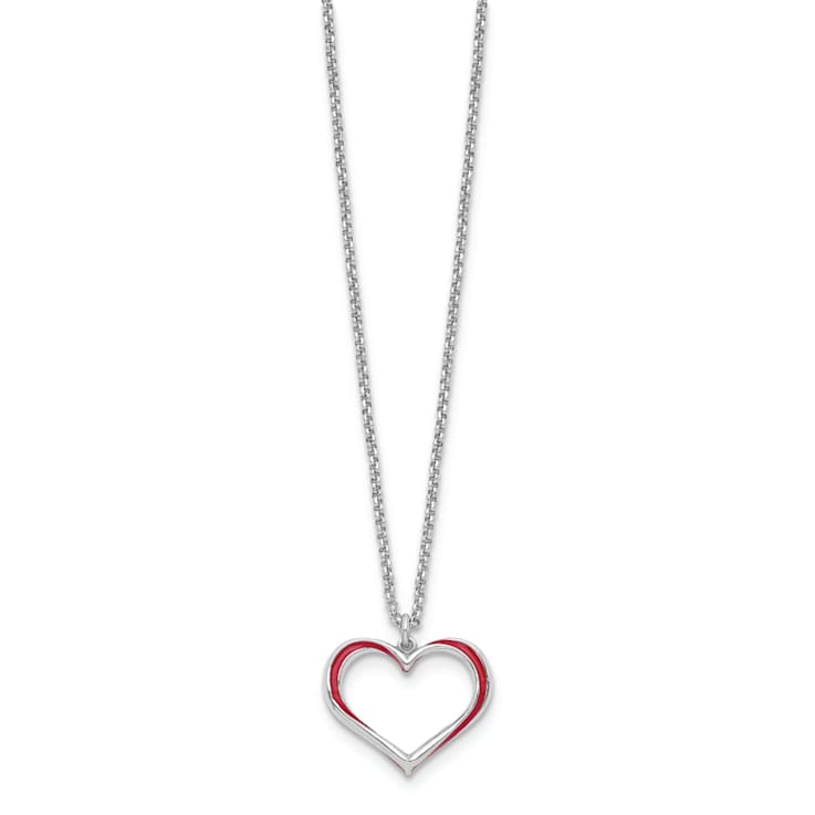 Sterling Silver Rhodium-plated Red Enamel Heart with 1-inch Extension Necklace