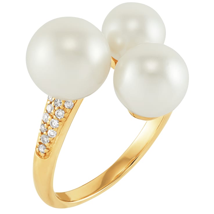 8.5-9mm Round White Freshwater Pearl and 0.14ctw Diamond 10K Yellow Gold Ring