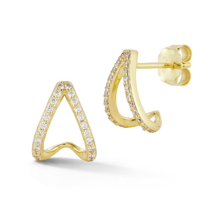 Rachel Zoe CZ Pave J-Hoop Stud Earrings in 14K Gold Over Sterling Silver