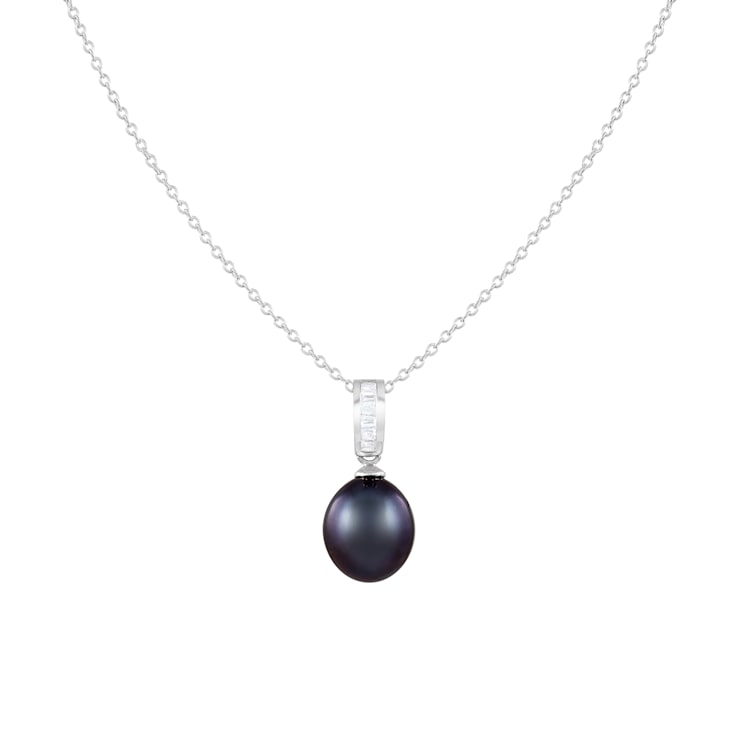 8-8.5mm Black Cultured Freshwater Pearl Sterling Silver Pendant W/Chain
