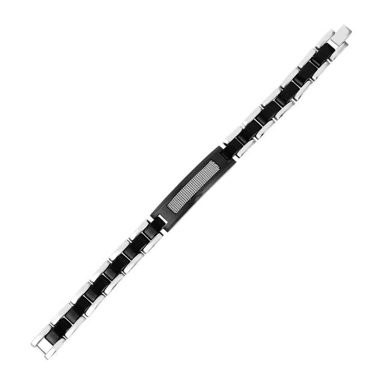 Mens Stainless Steel, Black Leather and Carbon Fiber Link Bracelet