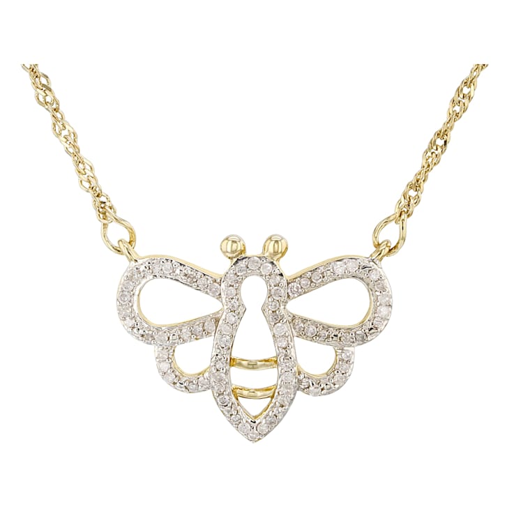 White Diamond 14k Yellow Gold Over Sterling Silver 18" Bee Necklace
with Chain 0.22ctw