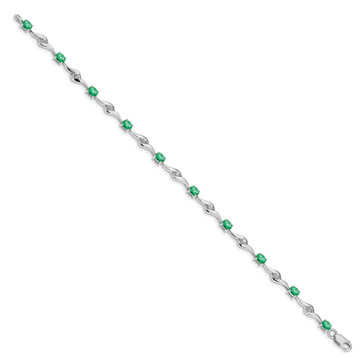 Rhodium Over 14k White Gold White Sapphire and Emerald Gemstone Bracelet