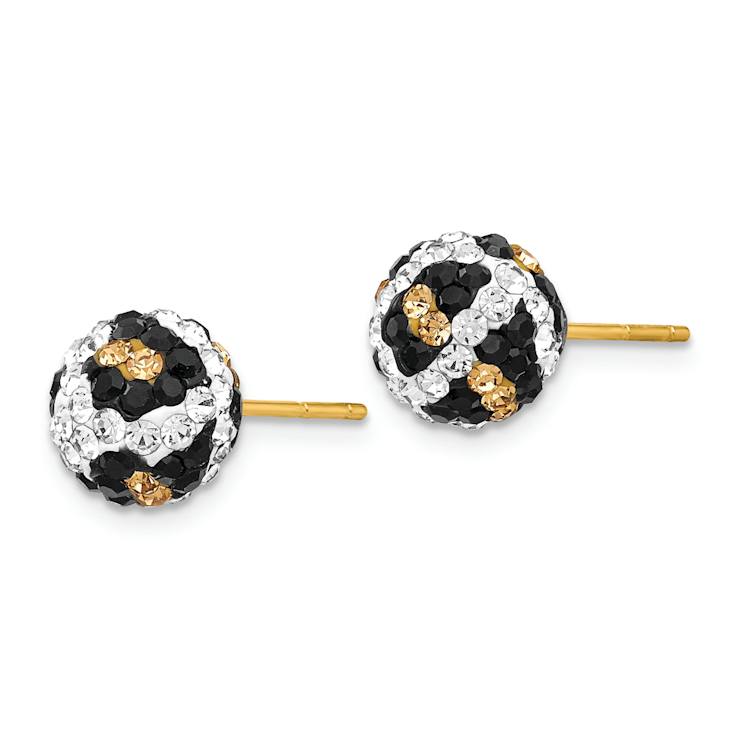 14k Yellow Gold 8mm Leopard Pattern White, Black and Yellow Crystal Stud Earrings