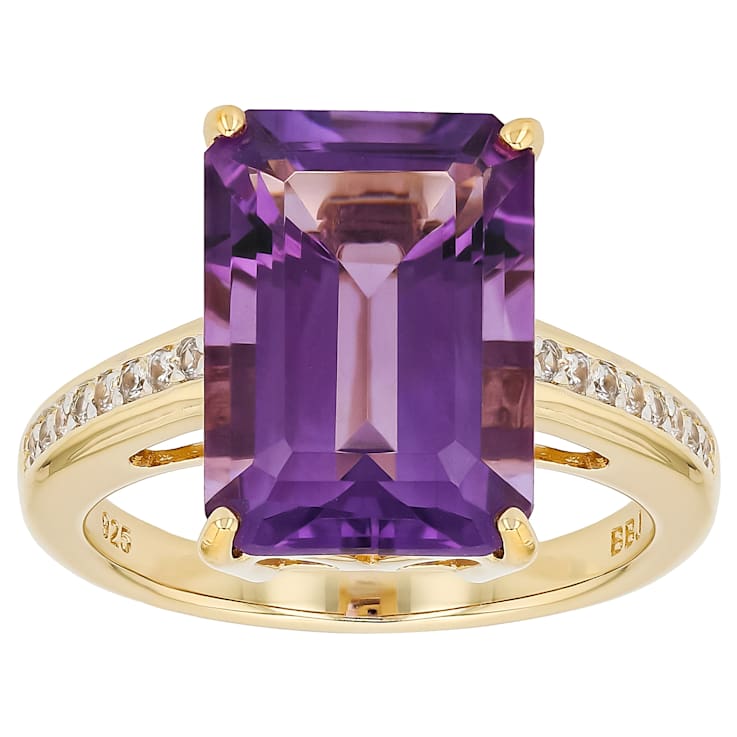 Amethyst Rectangular Octagonal And White Zircon Ring In 18K Gold Over
Sterling Silver 6.61ctw