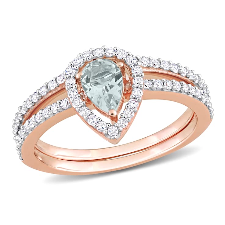 Aquamarine and Diamond 10K Rose Gold Halo Ring Set 0.73ctw