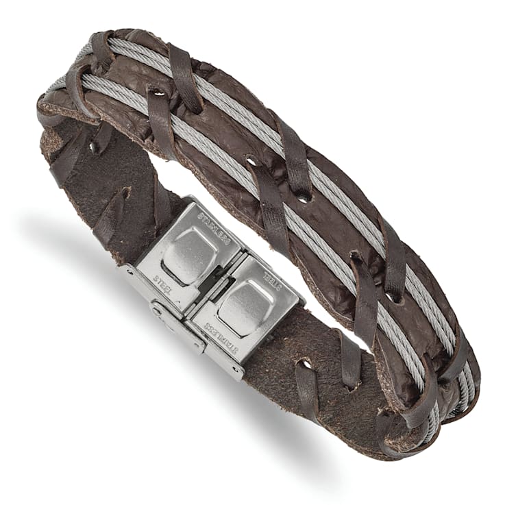 Brown Leather and Stainless Steel Polished Cable 8.5-inch Bracelet