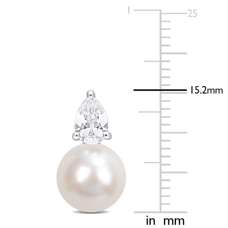 Freshwater Pearl And Created White Sapphire Stud Earrings In Sterling Silver