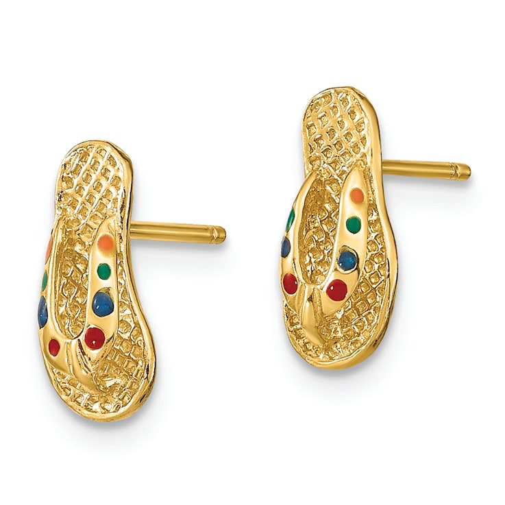 14k Yellow Gold Textured with Multi-Color Enamel 3D Flip-Flop Stud Earrings