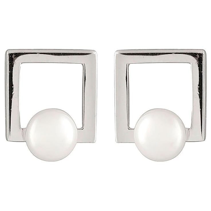 White Cultured Freshwater Pearl Rhodium Over Silver Geometric Earring