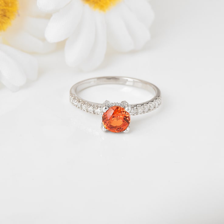 Peach Orange Lab Created Padparadscha Sapphire Round Rhodium Over
Sterling Silver Solitaire Ring