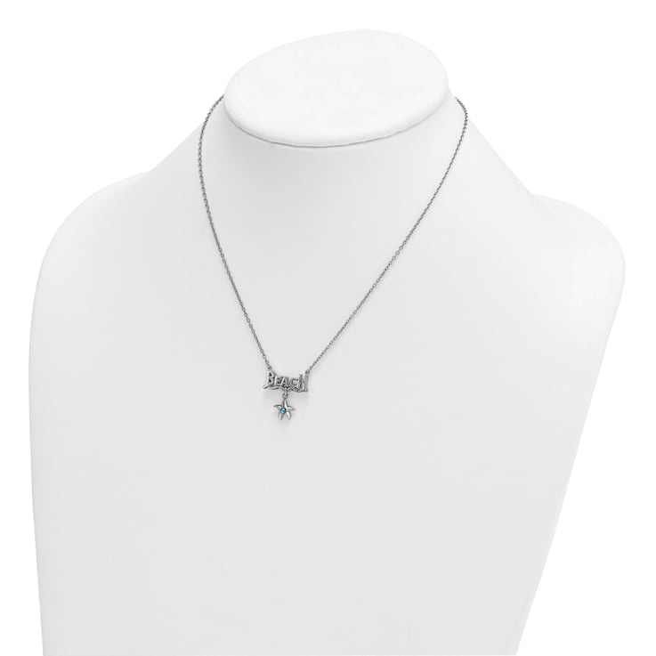 Rhodium Over Sterling Silver Blue Crystal Starfish Beach 16 Inch with 2
Inch Necklace