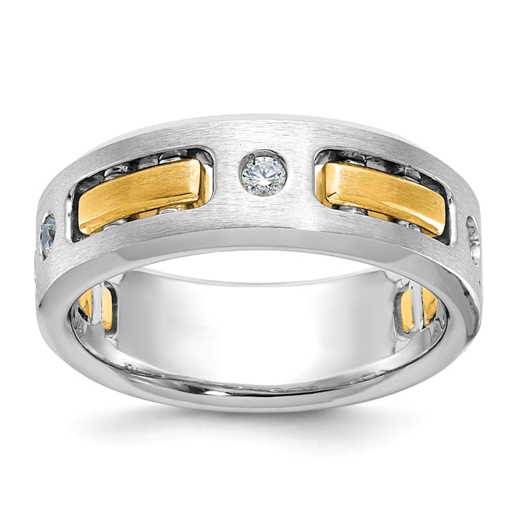 10K Two-tone Yellow and White Gold Men's Polished and Satin Diamond Ring 0.15ctw