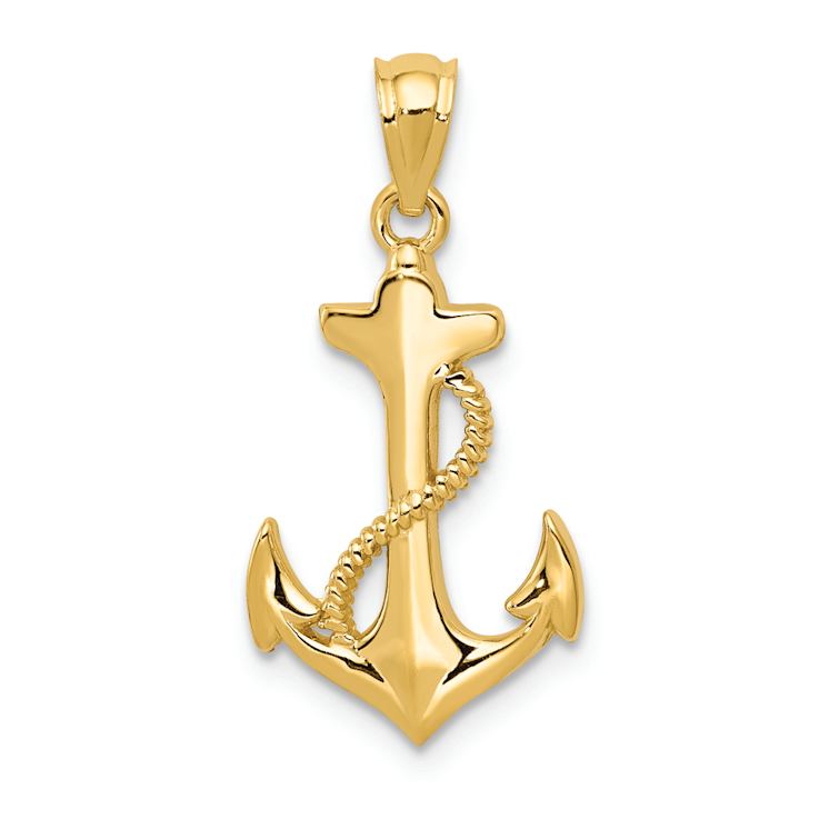 14k Yellow Gold Polished and Textured Anchor Pendant