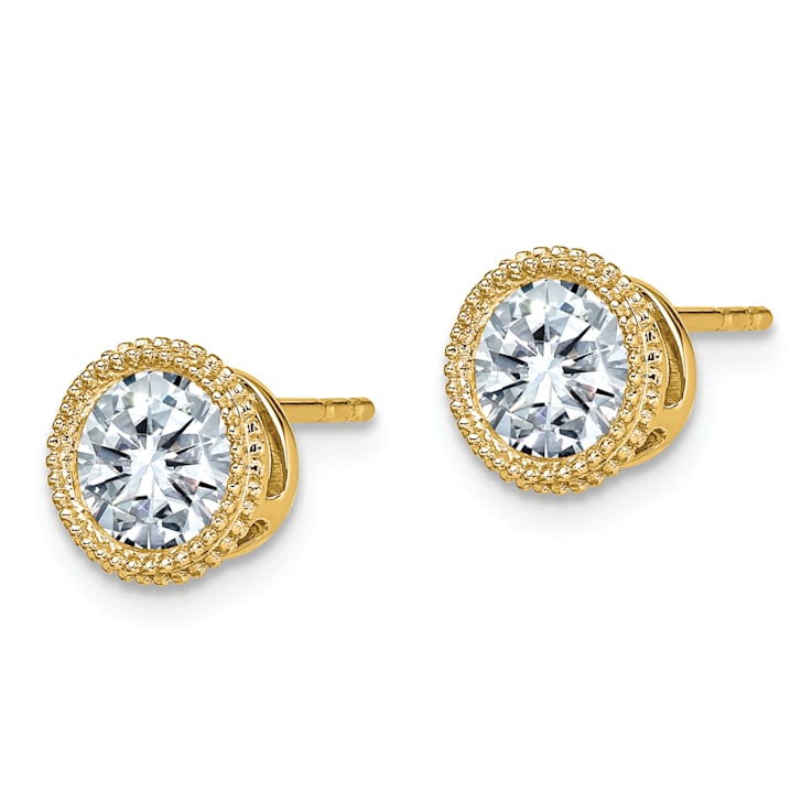 14K Yellow Gold Round Beaded Bezel G H I True Light Moissanite Earrings