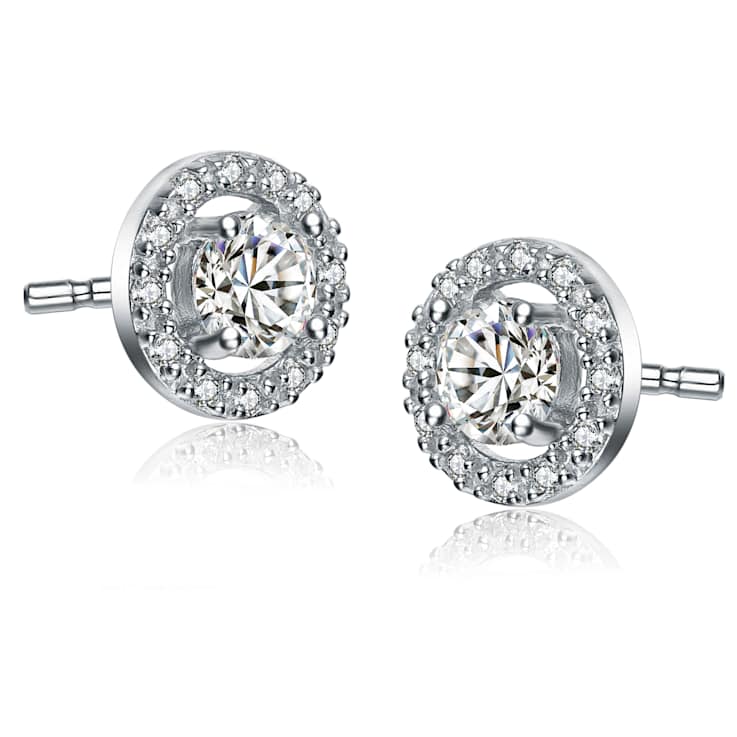 CZ Halo Stud Earrings In White Rhodium Over Brass
