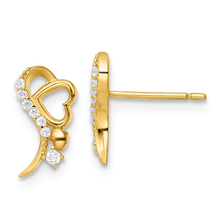 14k Yellow Gold Polished Cubic Zirconia and Heart Stud Earrings