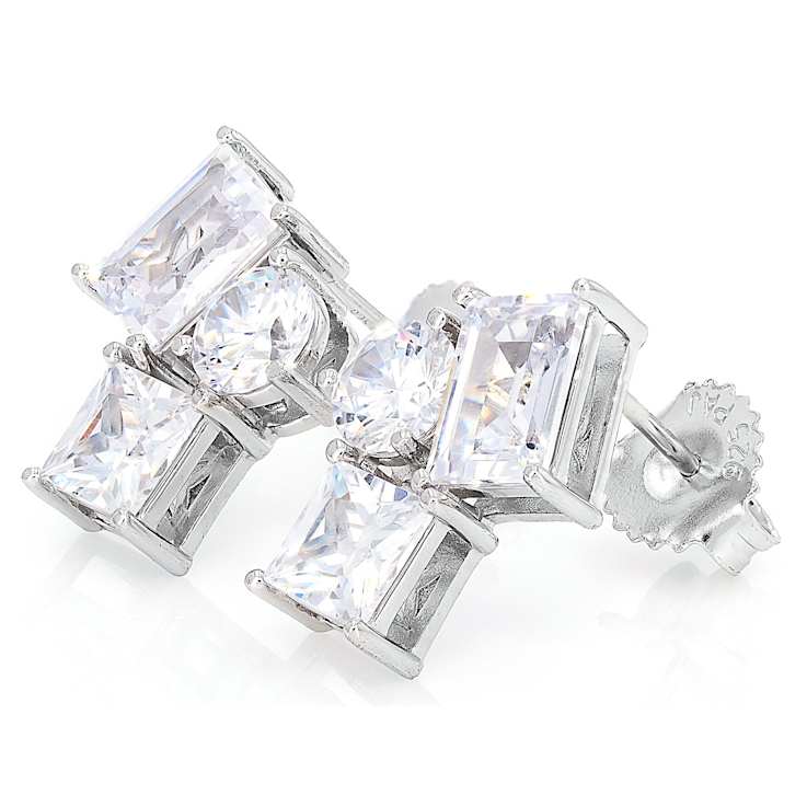 Mixed Geometric CZ Drop Earrings In Sterling Silver