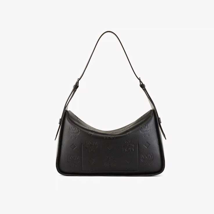 MCM Medium Aren Shoulder Bag with Monogram Leather in Black Handbag