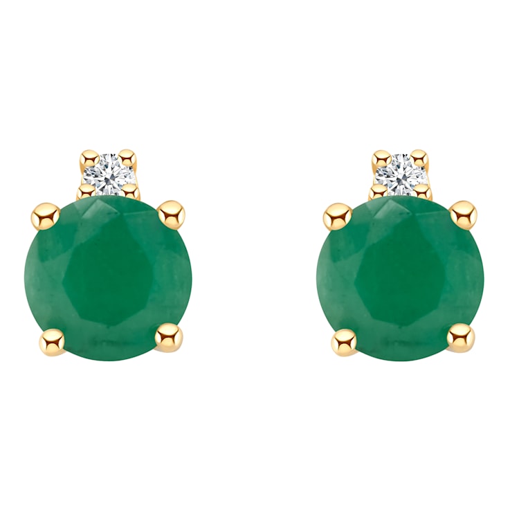 4mm Round Emerald with Diamond Accents 14k Yellow Gold Stud Earrings
