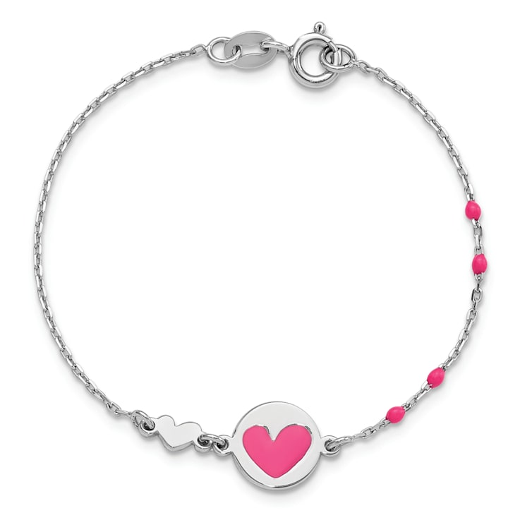 Sterling Silver Polished Pink Enamel Heart Children's 6in Bracelet