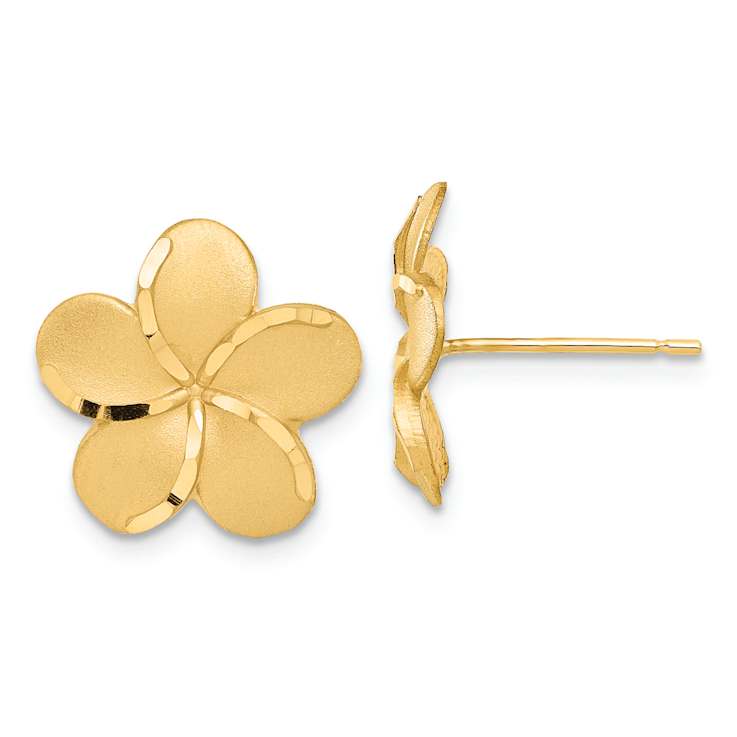 14k Yellow Gold Satin and Diamond-Cut 14mm Plumeria Stud Earrings