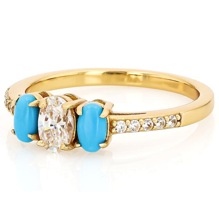 Diamond Simulant, Turquoise, 3-Stone Ring In 18K Gold Over Sterling
Silver 0.81ctw