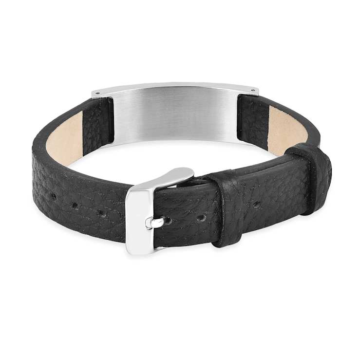 Mens Black Leather, Stainless Steel and Enamel Bracelet