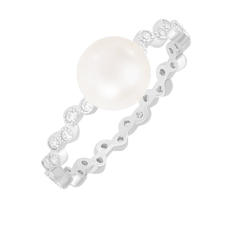 White Cultured Freshwater Pearl Rhodium Over Silver Ring